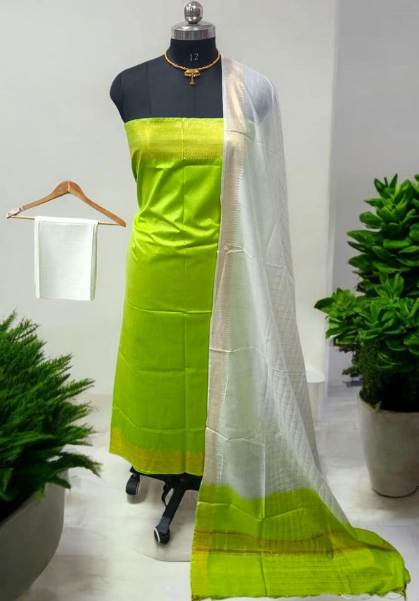 Mangalgiri Zari Border 3pc Unstitched Cotton Silk Salwar Suit