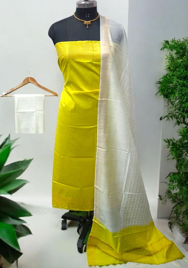 Mangalgiri Zari Border 3pc Unstitched Cotton Silk Salwar Suit