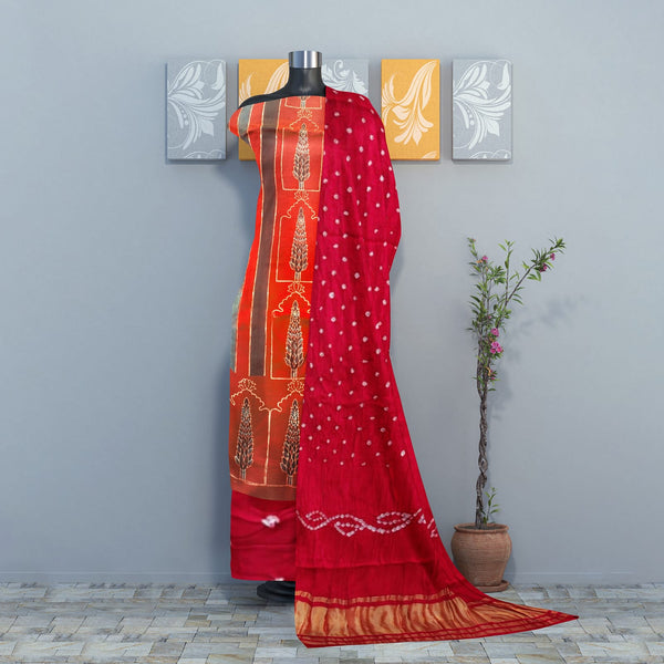 Luxurious Pure Modal Silk Natural Ajrakh 3 pc Salwar Suit with Beautiful Hand Bandhej Dupatta