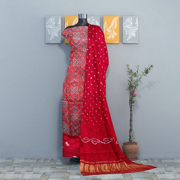 Luxurious Pure Modal Silk Natural Ajrakh 3 pc Salwar Suit with Beautiful Hand Bandhej Dupatta
