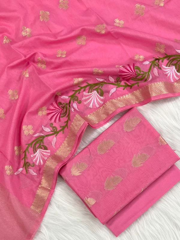 Banarasi Suit With Thread Embroidery Dupatta | Pink |