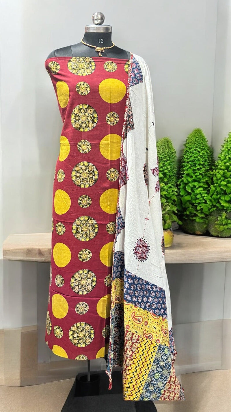 Ajrakh Print 2 pc Salwar Suit Dupatta Cotton Fabric - Design 1 - Leheriya