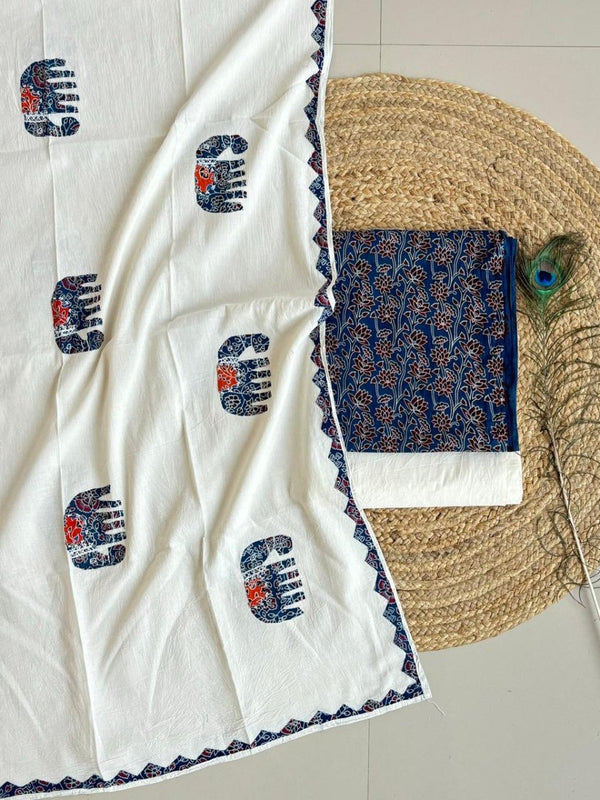 Ajrakh print 3 pc Suit with appliqué work mul dupatta - Leheriya