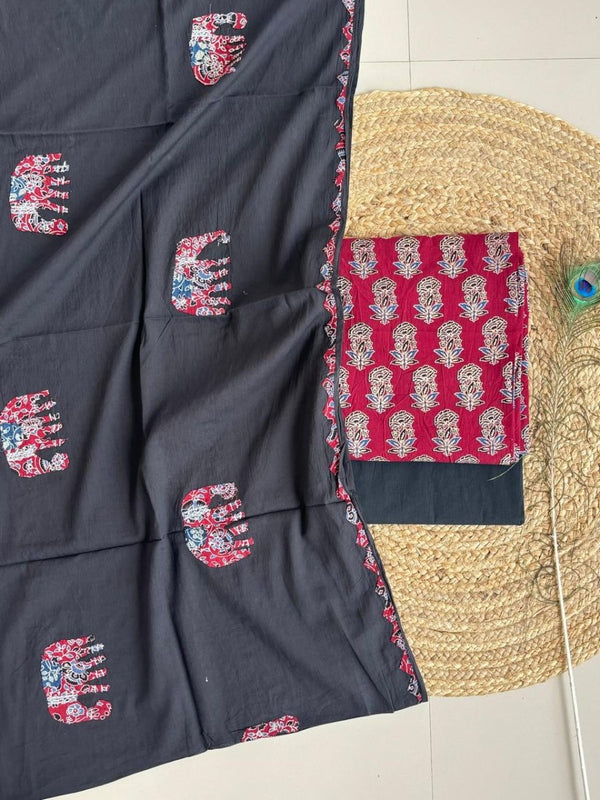 Ajrakh print 3 pc Suit with appliqué work mul dupatta - Leheriya