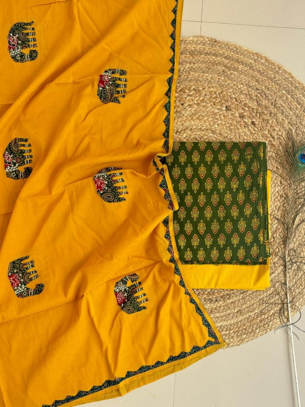 Ajrakh print 3 pc Suit with appliqué work mul dupatta - Leheriya