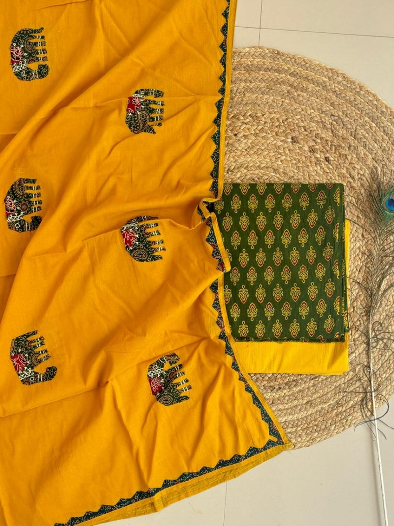 Ajrakh print 3 pc Suit with appliqué work mul dupatta - Leheriya