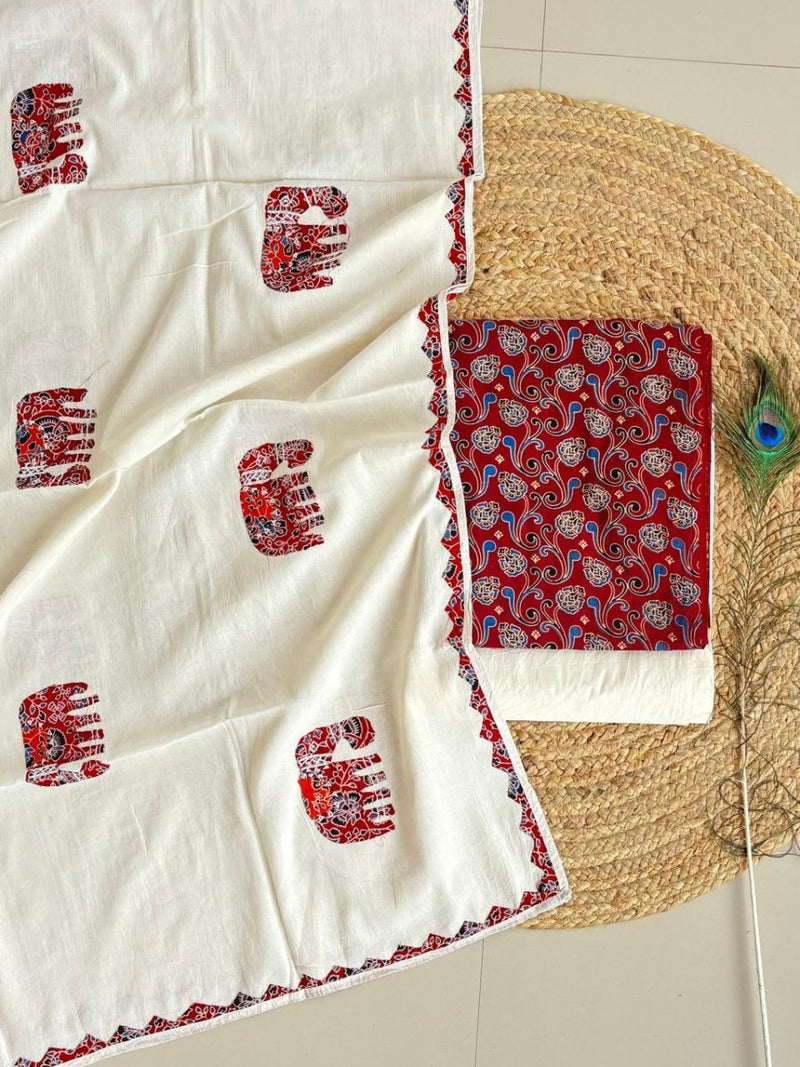 Ajrakh print 3 pc Suit with appliqué work mul dupatta - Leheriya