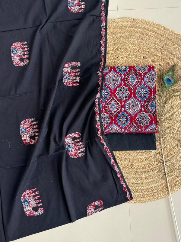 Ajrakh print 3 pc Suit with appliqué work mul dupatta - Leheriya