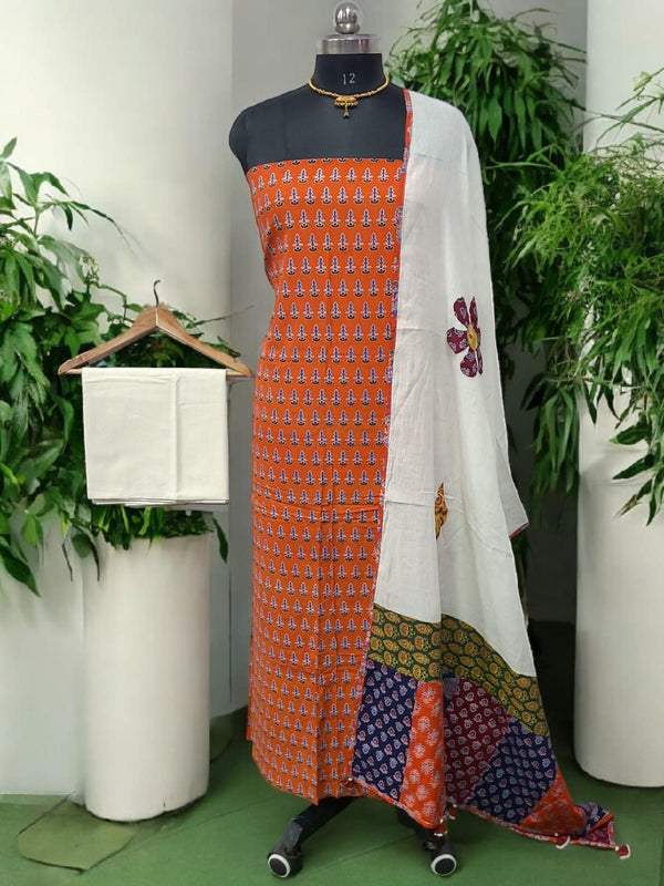 Ajrakh Print Pure Cotton Salwar Suit with Applique Work Dupatta Cotton Fabric - Leheriya