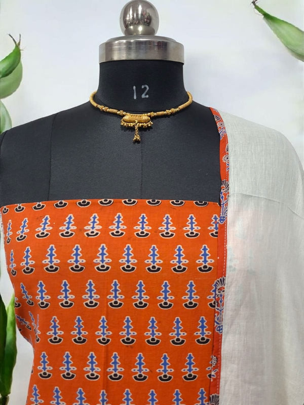 Ajrakh Print Pure Cotton Salwar Suit with Applique Work Dupatta Cotton Fabric - Leheriya