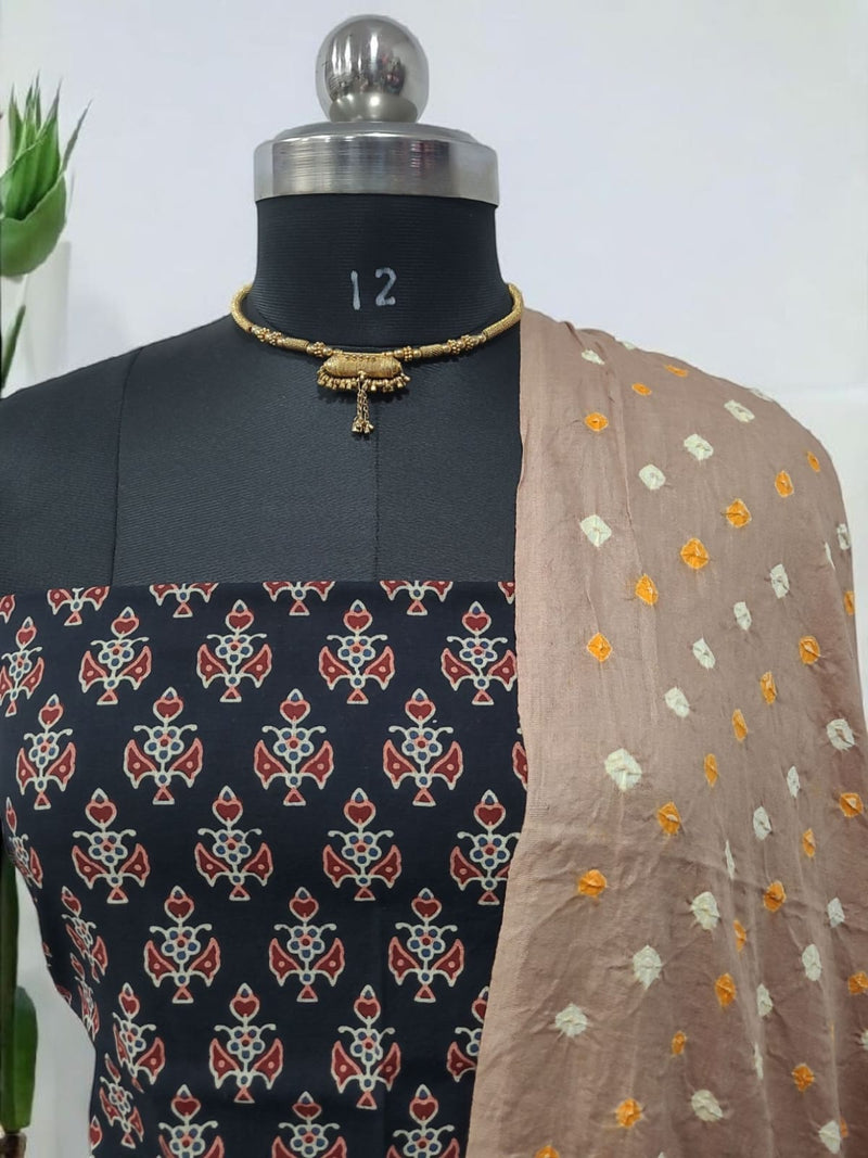 Ajrakh Print Pure Cotton Salwar Suit with Bandhani Cotton Dupatta - Leheriya