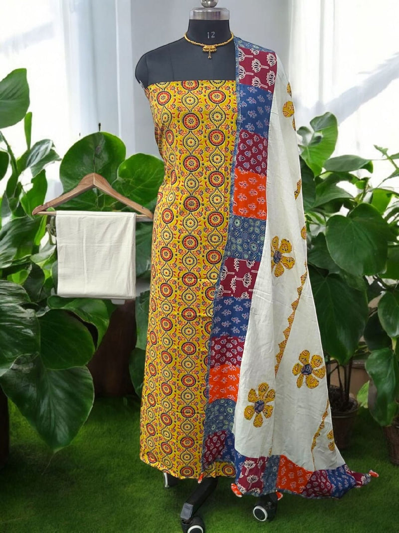 Ajrakh Print Pure Cotton Salwar Suit with Patch Work Dupatta - Leheriya