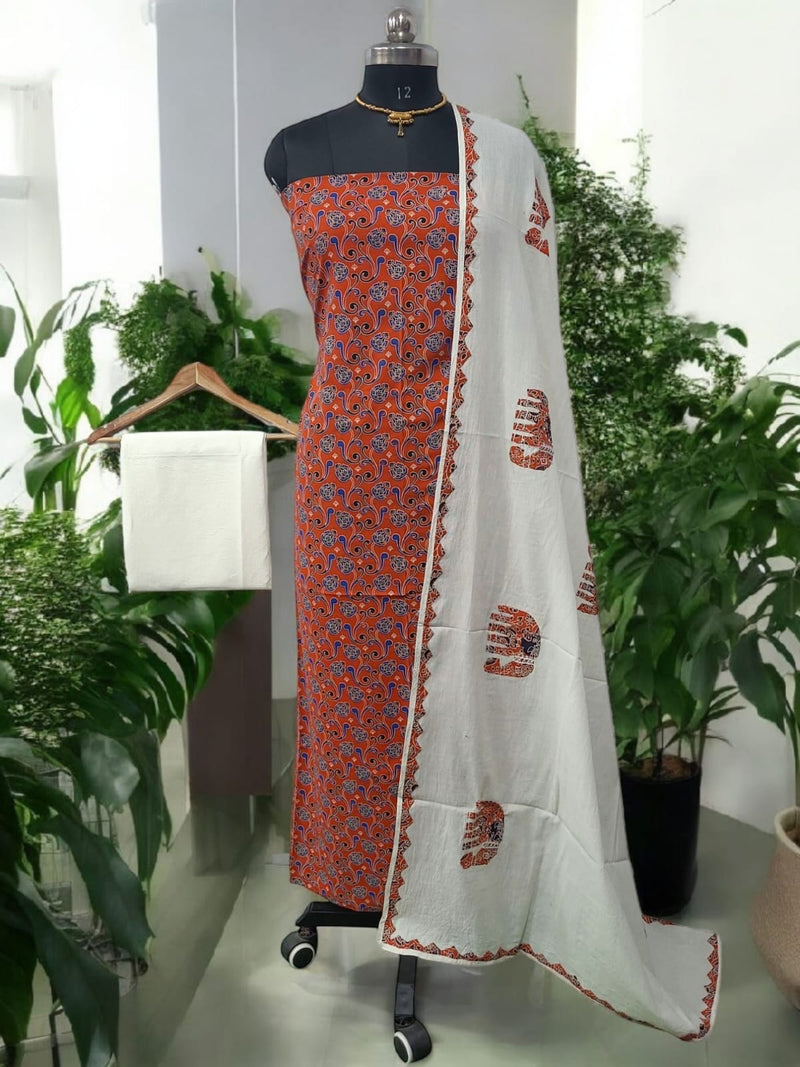 Ajrakh Print Pure Cotton Salwar Suit with Patch Work Dupatta - Leheriya