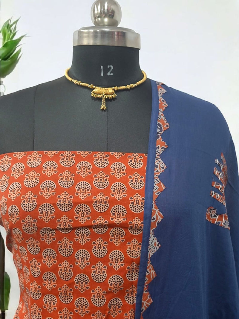 Ajrakh Print Pure Cotton Salwar Suit with Patch Work Dupatta - Leheriya