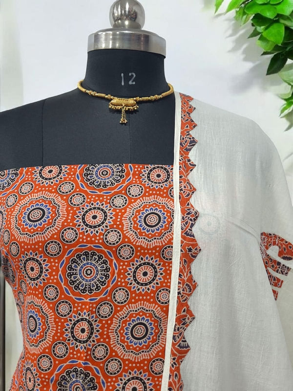 Ajrakh Print Pure Cotton Salwar Suit with Patch Work Dupatta - Leheriya