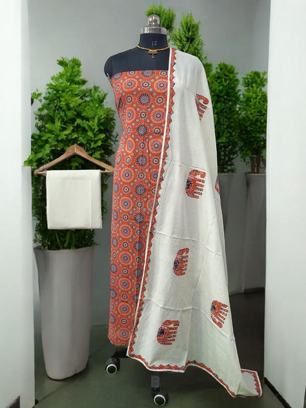 Ajrakh Print Pure Cotton Salwar Suit with Patch Work Dupatta - Leheriya
