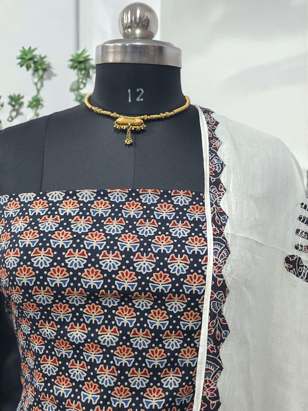 Ajrakh Print Pure Cotton Salwar Suit with Patch Work Dupatta - Leheriya