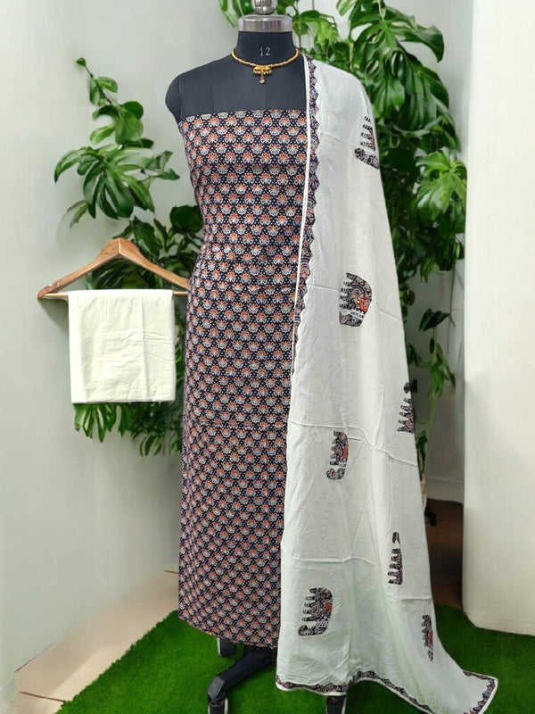 Ajrakh Print Pure Cotton Salwar Suit with Patch Work Dupatta - Leheriya