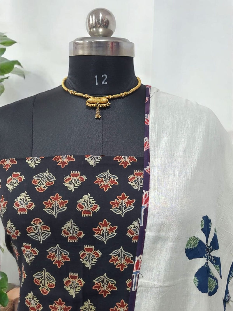 Ajrakh Print Pure Cotton Salwar Suit with Patch Work Dupatta - Leheriya