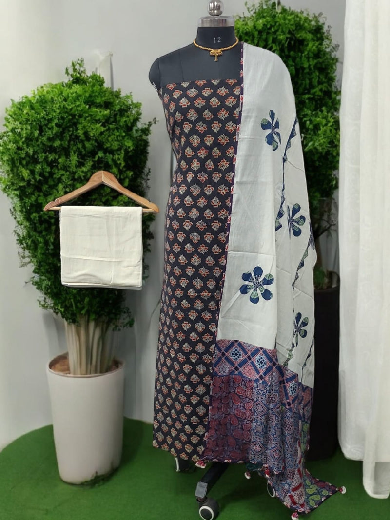 Ajrakh Print Pure Cotton Salwar Suit with Patch Work Dupatta - Leheriya