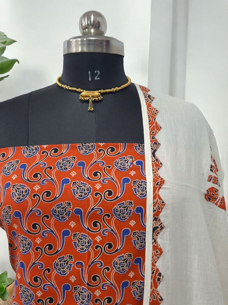 Ajrakh Print Pure Cotton Salwar Suit with Patch Work Dupatta - Leheriya