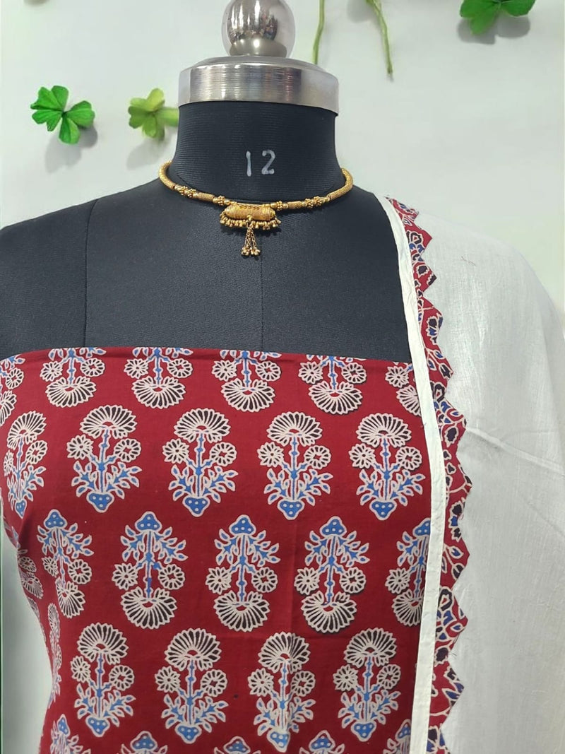 Ajrakh Print Pure Cotton Salwar Suit with Patch Work Dupatta - Leheriya