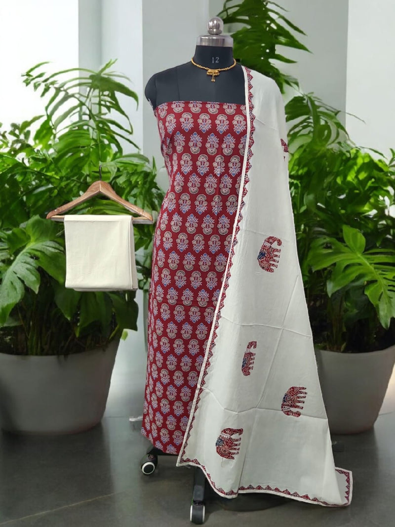 Ajrakh Print Pure Cotton Salwar Suit with Patch Work Dupatta - Leheriya