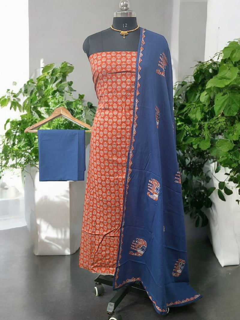 Ajrakh Print Pure Cotton Salwar Suit with Patch Work Dupatta - Leheriya