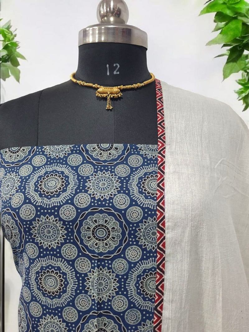 Ajrakh Print Salwar Suit with Applique Work Dupatta Cotton Fabric - Leheriya