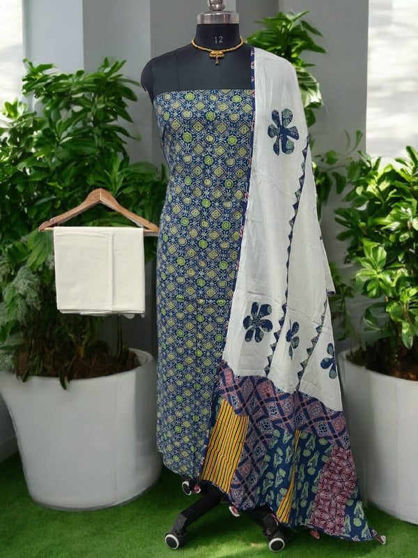 Ajrakh Print Salwar Suit with Applique Work Dupatta Cotton Fabric - Leheriya