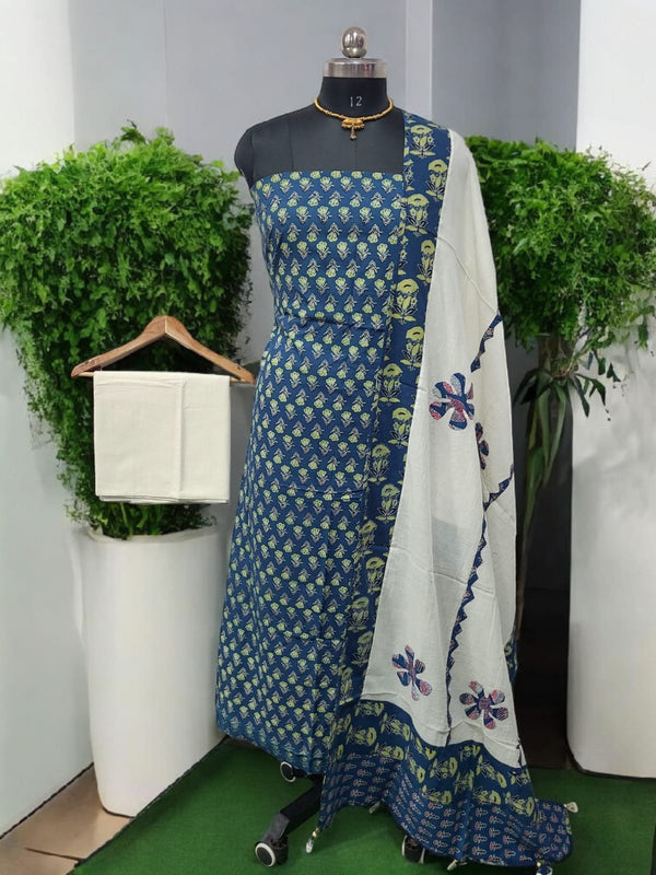 Ajrakh Print Salwar Suit with Applique Work Dupatta Cotton Fabric - Leheriya