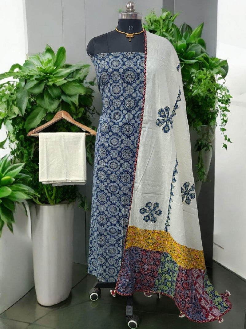 Ajrakh Print Salwar Suit with Applique Work Dupatta Cotton Fabric - Leheriya