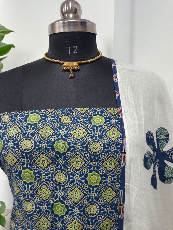 Ajrakh Print Salwar Suit with Applique Work Dupatta Cotton Fabric - Leheriya