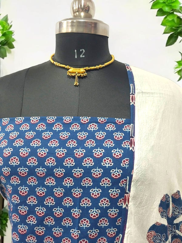 Ajrakh Print Salwar Suit with Applique Work Dupatta Cotton Fabric - Leheriya