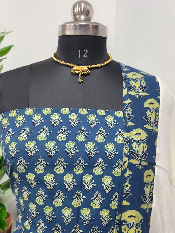 Ajrakh Print Salwar Suit with Applique Work Dupatta Cotton Fabric - Leheriya