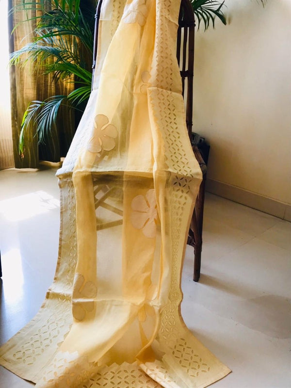 Applique Work Pure Organdy Cotton Dupatta - Leheriya