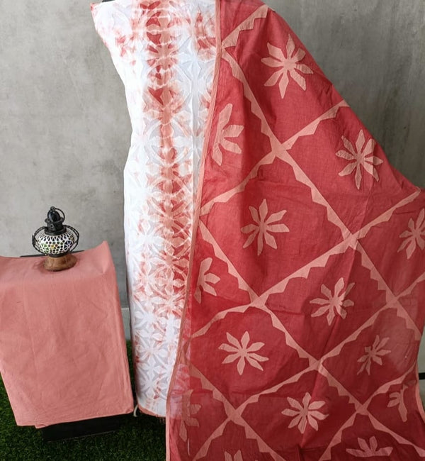 Applique Work Tie & Dye Cotton Salwar Suit - Leheriya