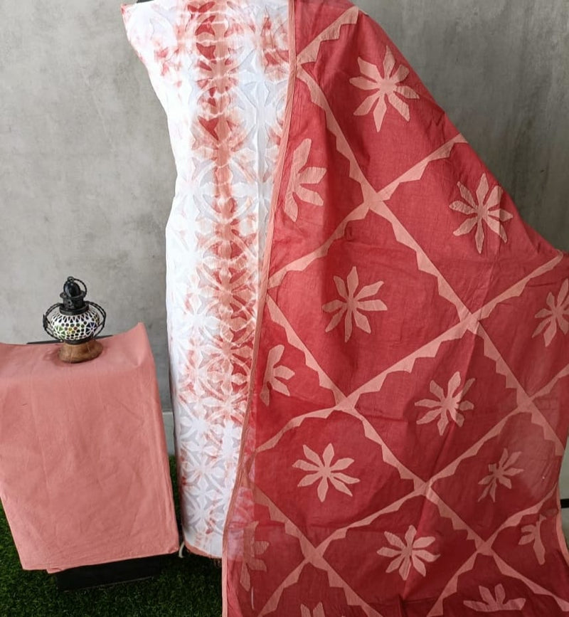 Applique Work Tie & Dye Cotton Salwar Suit - Leheriya