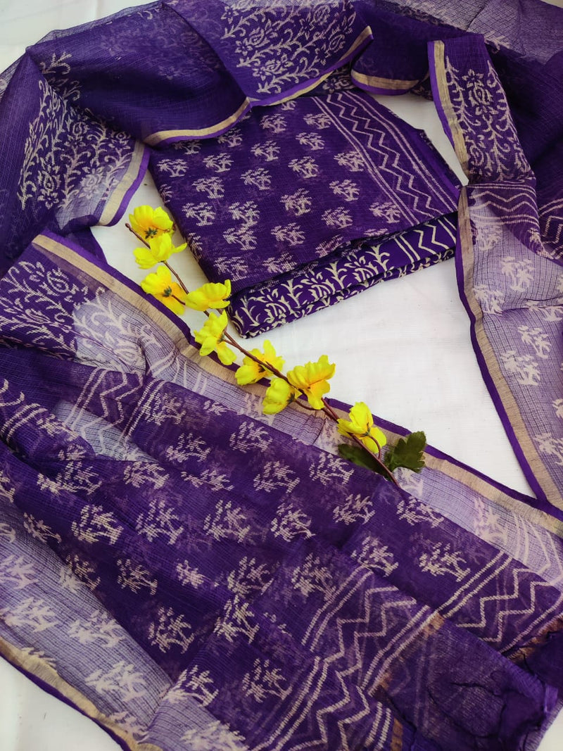Bagru Pure Cotton Hand Block Printed Kota Doria Unstitched 3 pc Salwar Suit - Leheriya