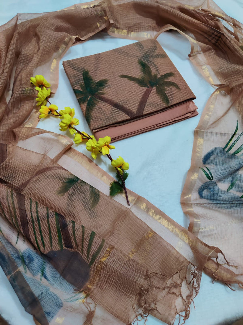 Bagru Pure Cotton Hand Block Printed Kota Doria Unstitched 3 pc Salwar Suit - Leheriya
