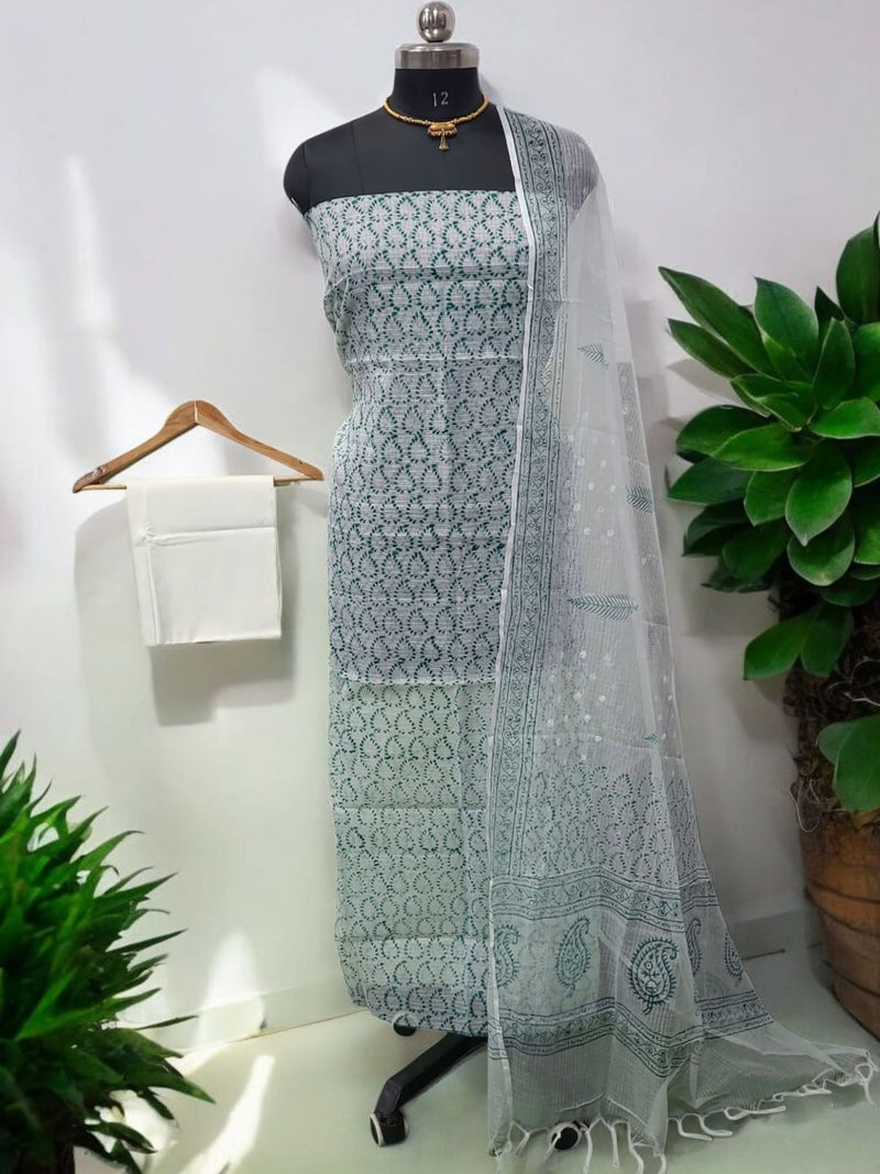 Bagru Pure Cotton Hand Block Printed Kota Doria Unstitched Salwar Suit - Leheriya