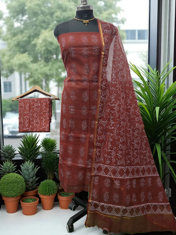 Bagru Pure Cotton Hand Block Printed Kota Doria Unstitched Salwar Suit - Leheriya
