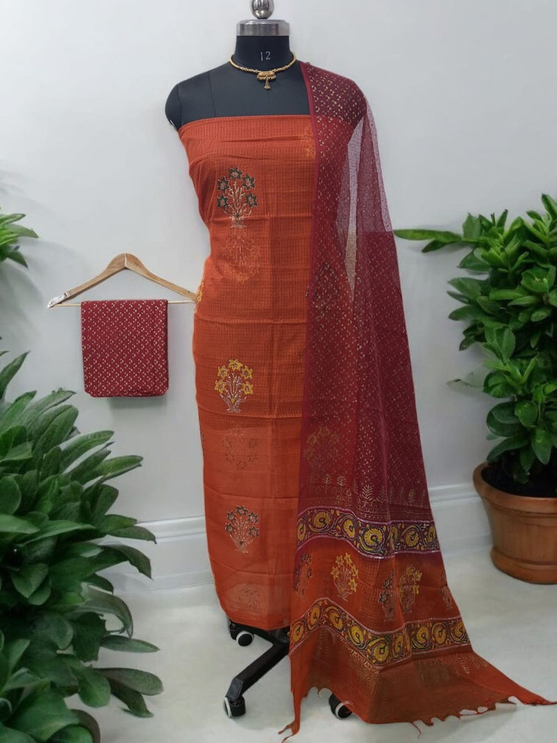 Bagru Pure Cotton Hand Block Printed Kota Doria Unstitched Salwar Suit - Leheriya