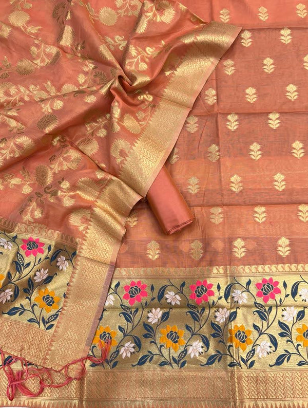 Banarasi 3 pc Paithani Unstitched Salwar Suit - Leheriya