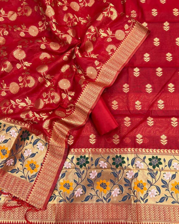 Banarasi 3 pc Paithani Unstitched Salwar Suit - Leheriya