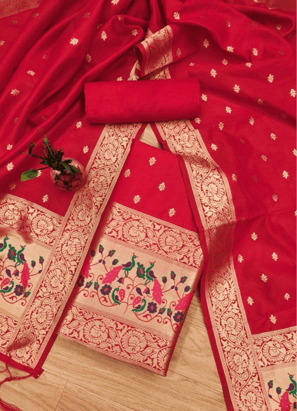 Banarasi 3 pc Paithani Unstitched Salwar Suit - Leheriya
