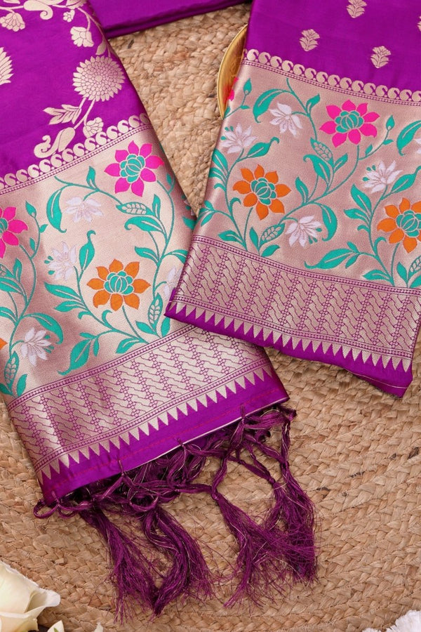 Banarasi 3 pc Paithani Unstitched Salwar Suit - Leheriya