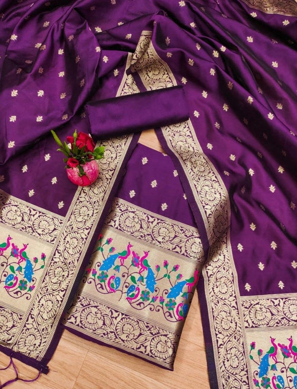 Banarasi 3 pc Paithani Unstitched Salwar Suit - Leheriya