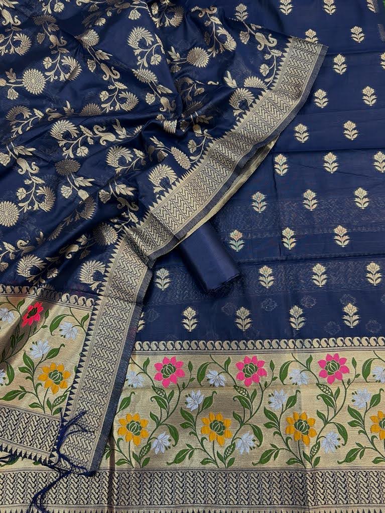 Banarasi 3 pc Paithani Unstitched Salwar Suit - Leheriya