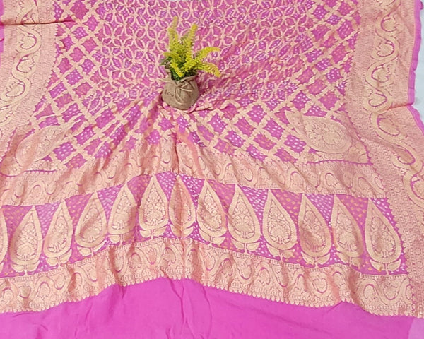 Banarasi Bandhani Pure Georgette Neemzari Gharchola Dupatta - Leheriya